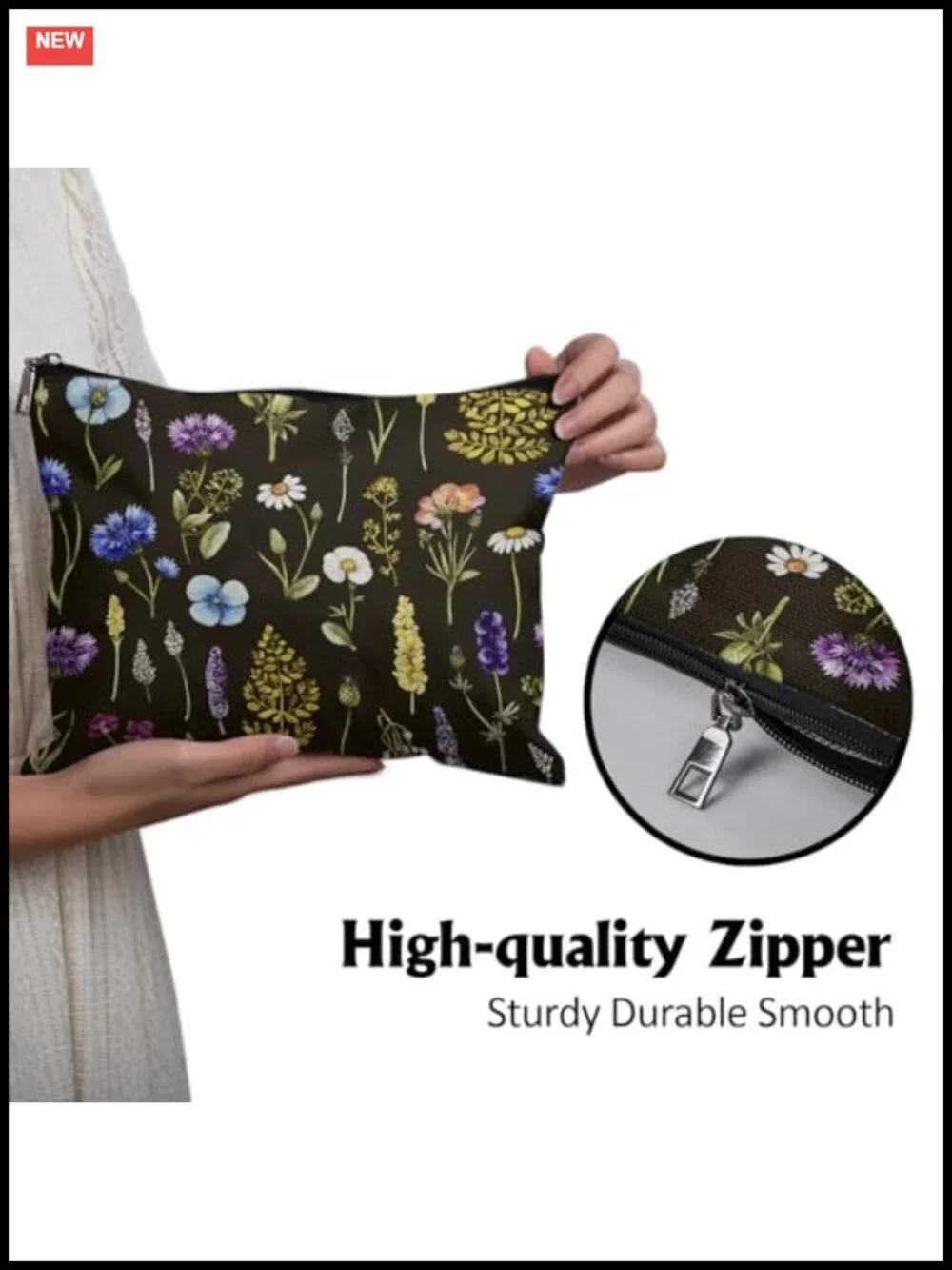 Large Floral Linen Cosmetic Bag Travel Toiletry Organizer with Zipper